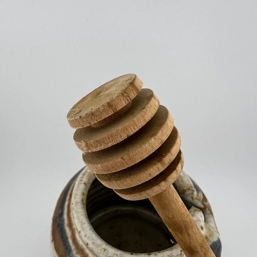 Golden Pottery Honey Jar Crock Lid Wood Dipper Heavy Stoneware Vintage